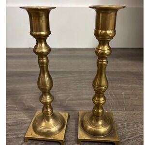 Vintage Solid Brass Candlestick Holders Set of 2 Square Base Mid Century Modern